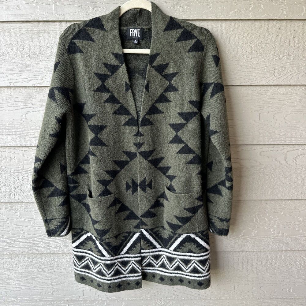 Frye Cardigan Sweater Women's Med Green Southwestern Aztec Western Ranch Boho